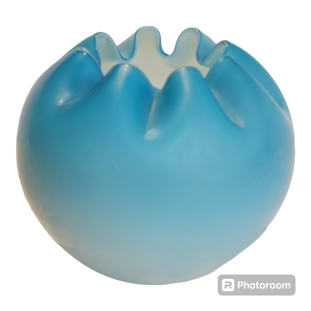 Fenton Fading Blue Satin Glass Rose Bowl Vase Decor Crimped Edge 4"